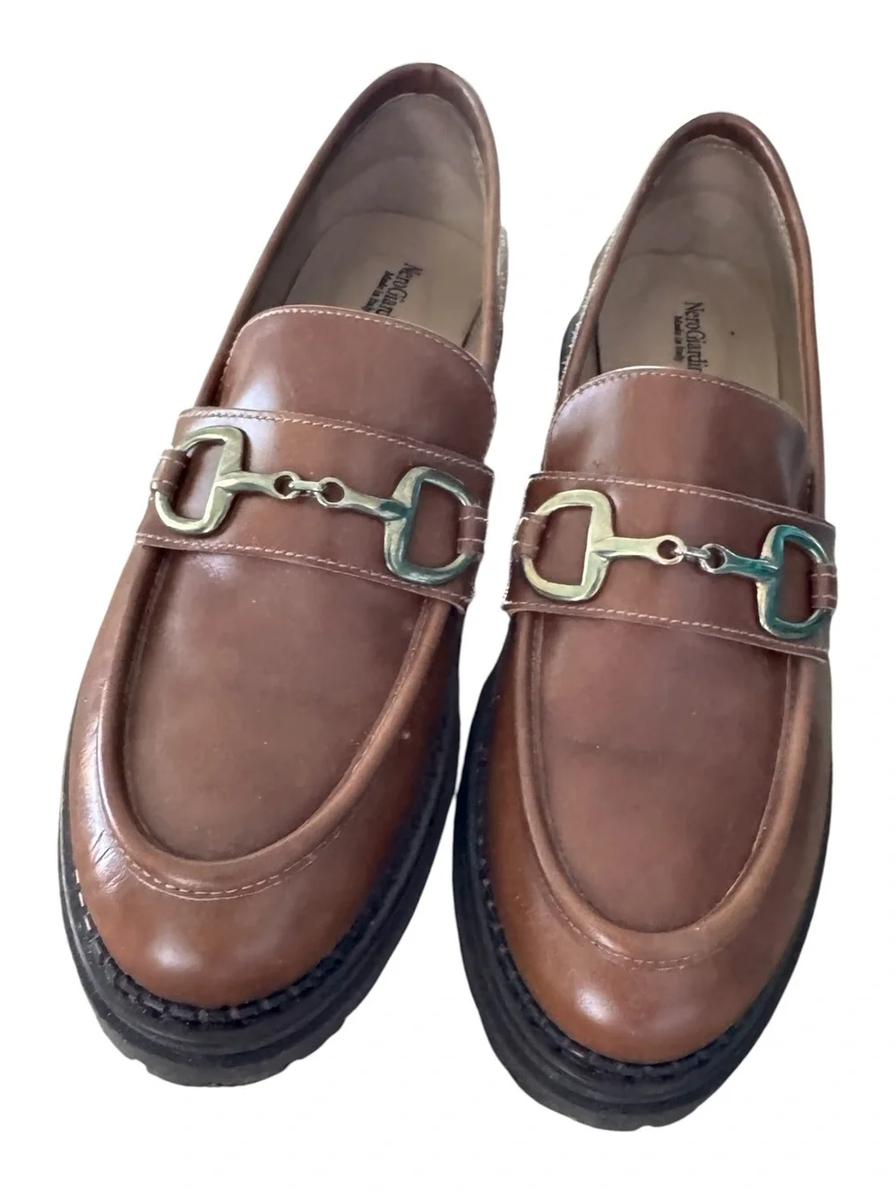 Nero Giardini Chestnut Brown Leather Lug-Sole Bit Loafers